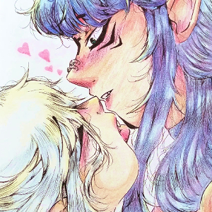 illustration en portrait d'un couple realiser aux crayon de couleur dans des teintes bleus, roses et jaunes